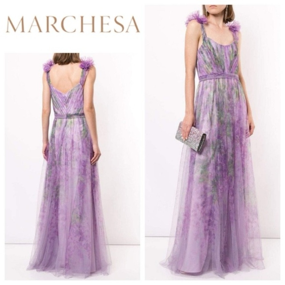 Marchesa Notte Watercolor Printed Tulle Gown